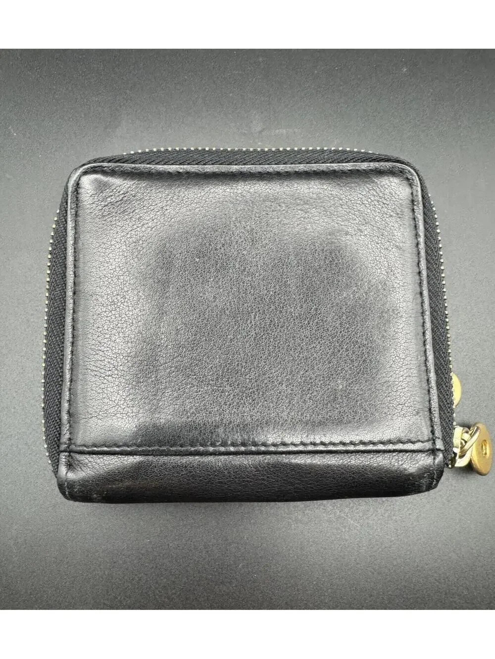 Black Leather Double Zip-Around Compact Wallet Gold Hardware